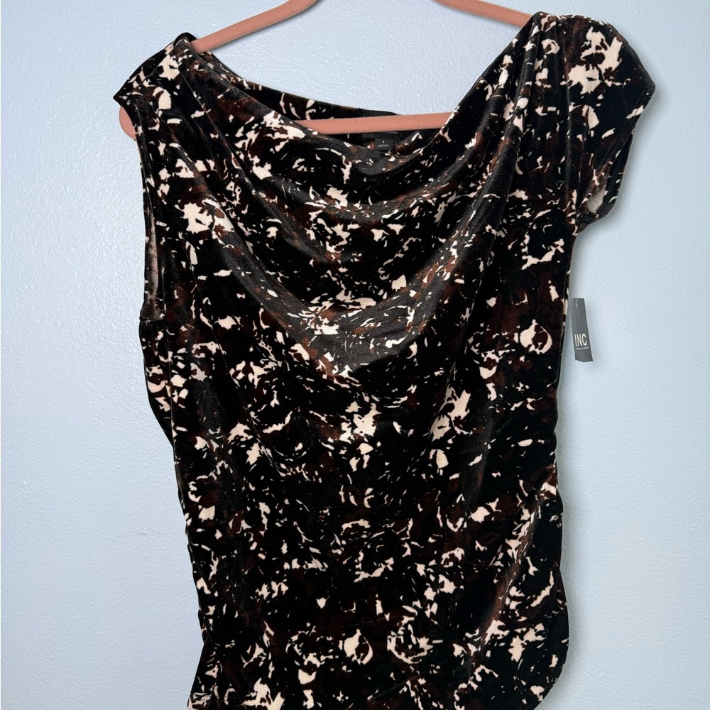INC International Concepts Black Brown and Cream Velour Blouse